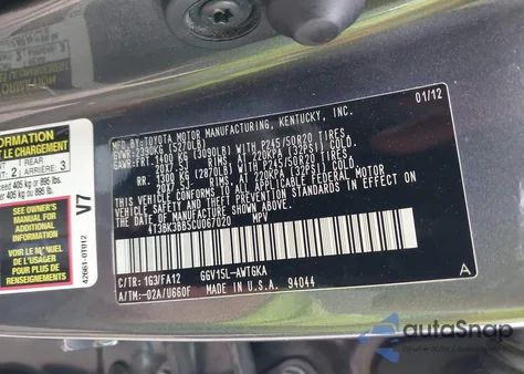 2012 Toyota Venza Le V6 из США, поврежденный, VIN 4T3BK3BB5CU067020